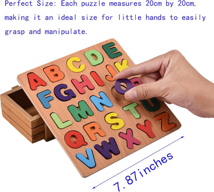 2PCS Wooden Alphabet Number Shape Puzzles for Toddlers, Educational Learning Puzzles Game (Alphabet & Number)