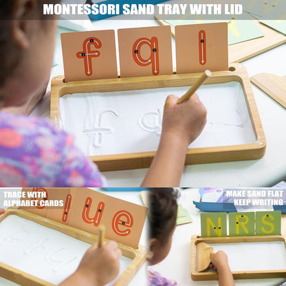 AtMini Montessori Sand Tray with Lid - Wooden Sand Trays for Kids Writing Letters and Numbers, Preschool Classroom Must Haves, Kindergarten Learning Tools (Blue)