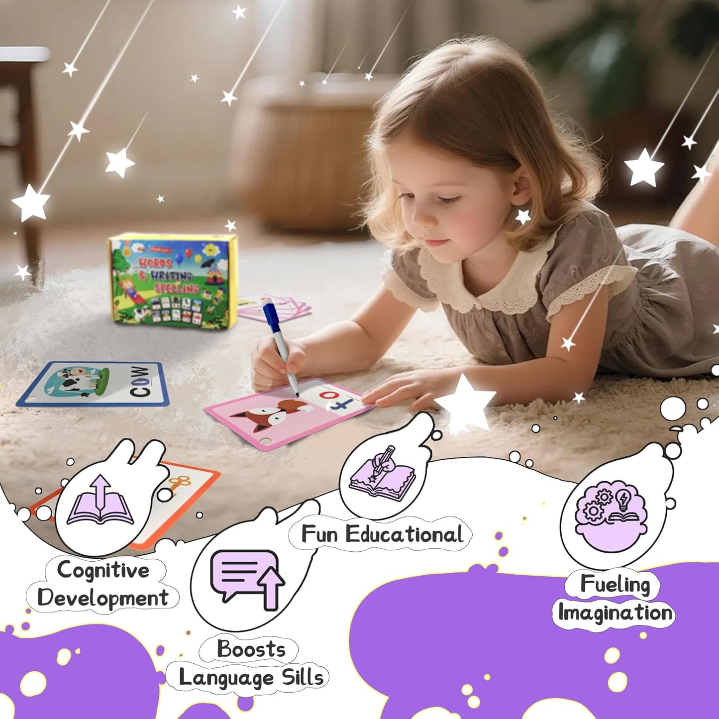 CVC Word Games, Phonics Flash Cards for Kids, 100 Pcs Writing & Spelling Card with 4 Dry Eraser Markers & 4 Sorting Rings, Reusable Phonics Flash Cards, Preschool Learning Activities, CVC Word Games