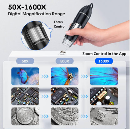 USB Digital Microscope, 50x-1600x Magnification Handheld, 1920P HD 8 LED Lights, Portable Pocket Microscope, Compatible with iOS and Android Devices, +2MP Magnifier Camera, No PC Support