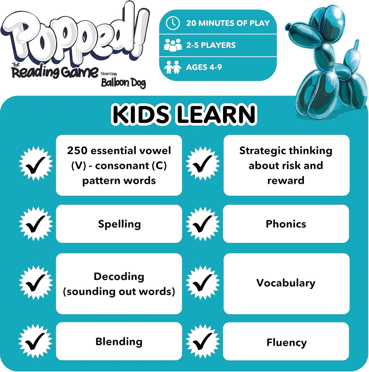 Popped! Reading Game - Learn Reading Skills in Weeks - Exciting Phonics Game for Kids Ages 4-9 - CVC Educational Game Must Haves for Preschool, Kindergarten, 1st - 3rd Grade