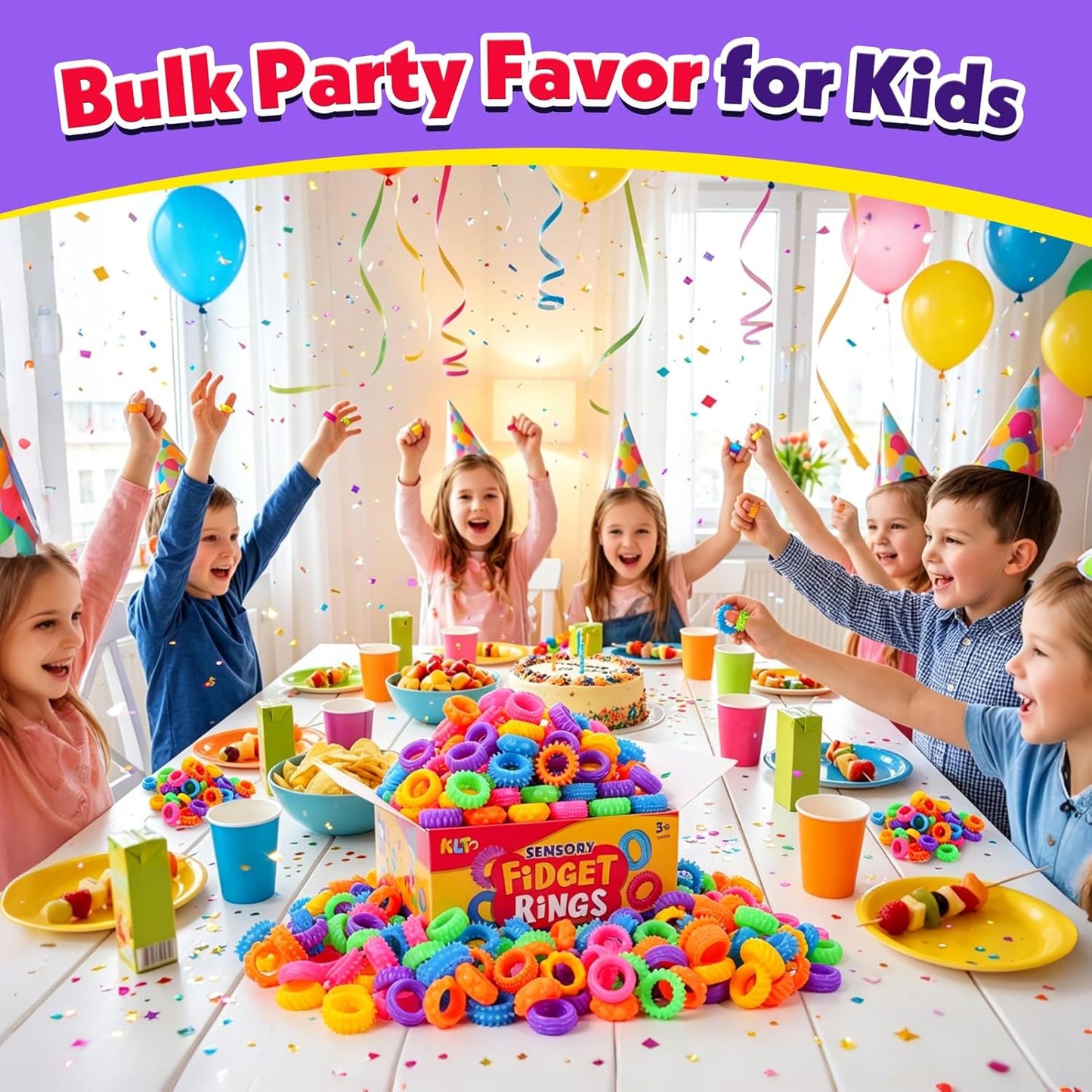 KLT Fidget Toys Bulk for Kids: 200pcs Textured Fidget Ring - Classroom Prize Box Filler - Party Favor Treasure Chest & Goodie Bags Stuffers - ADHD Autism Kids Sensory Calming Toy