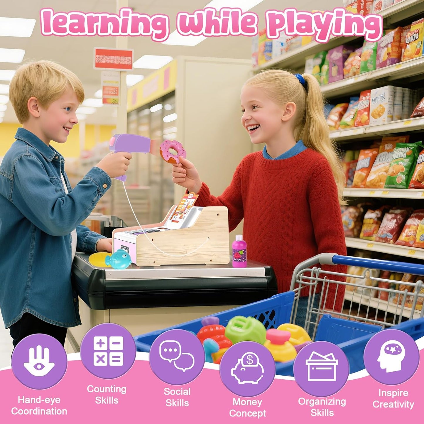 Kids Cash Register Toy Playset, Toddler Prentend Play Store with Real Calculator Cash Register with Scanner/Credit Card/Play Money/Food, Learning Toys for Boys Girls Toddlers(Pink)