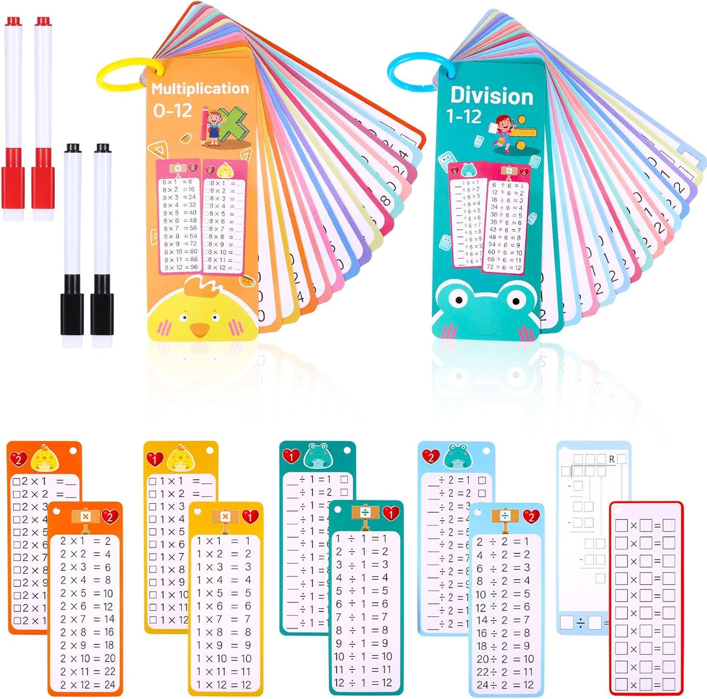 36Pcs Multiplication and Division Flash Cards, Math Flash Cards with 4 Markers 2 Rings, 0-12 Dry Erase Educational Time Table Flash-Cards for 1st to 3rd Grades Home School Fun Learning with Math Game