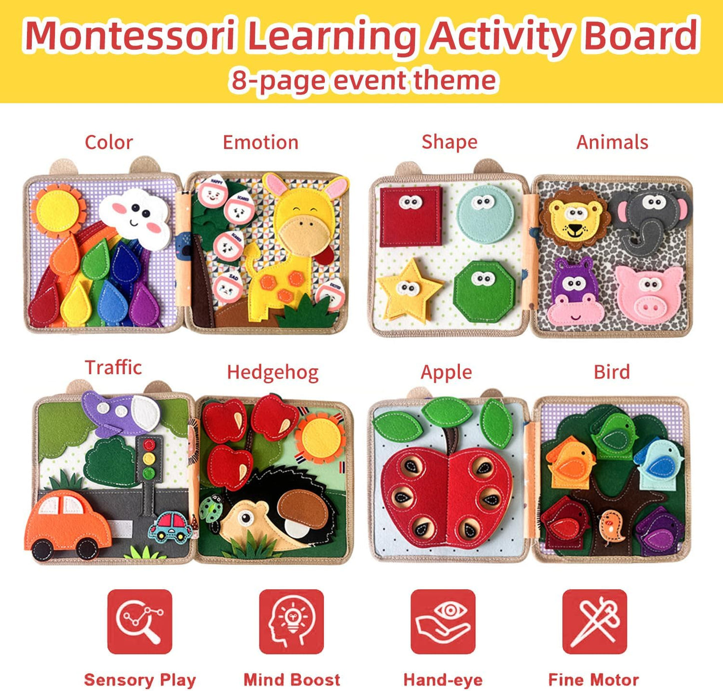 Montessori Busy Book, Suitable for Toddlers Aged 1-3, Felt Sensory Activity Book, Children's Travel Toy, Quiet Book Busy Board, Birthday Gift for Boys and Girls