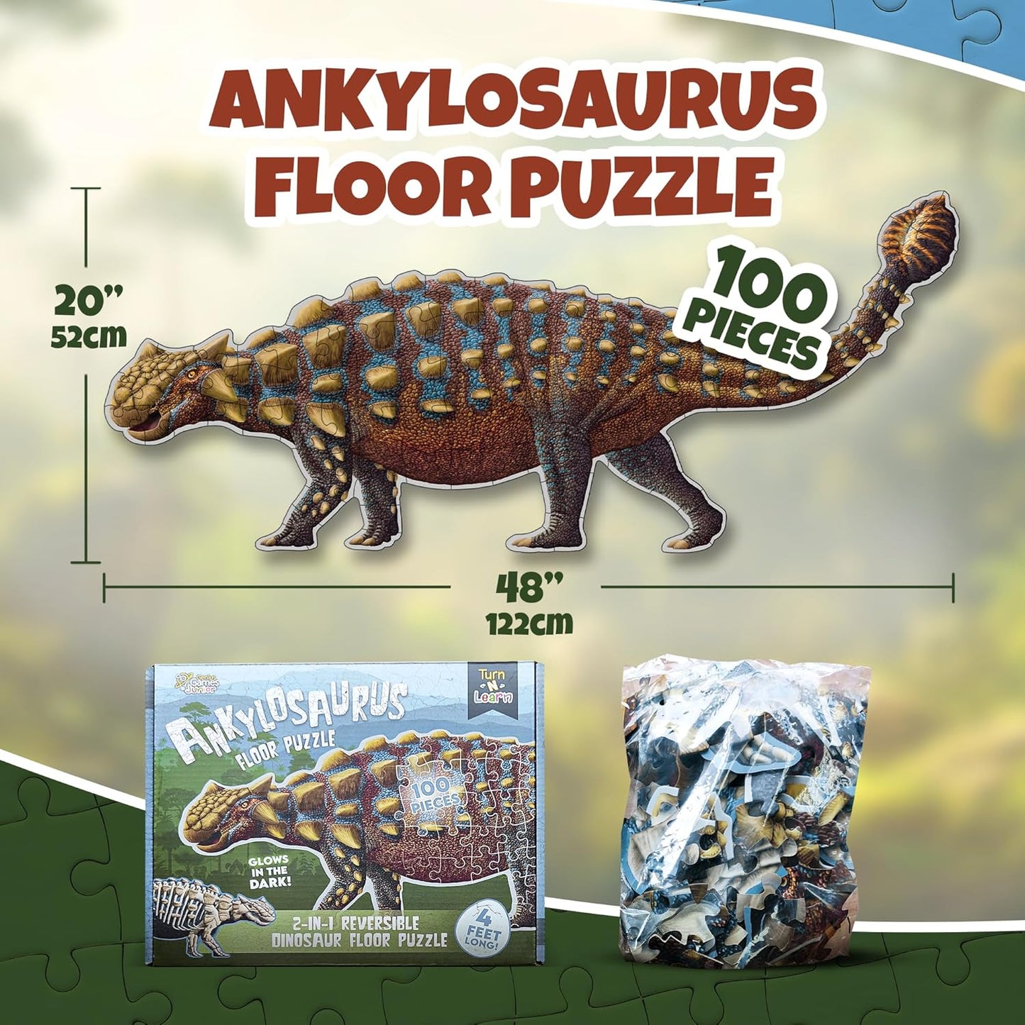 Tyrannosaurus Rex Dinosaur Jigsaw Puzzle | 100-Piece Double Sided Floor Puzzle with Glow-in-The-Dark Skeleton On Other Side | 4 FT Scientifically Accurate Dino Illustration | Educational Toy for Kids
