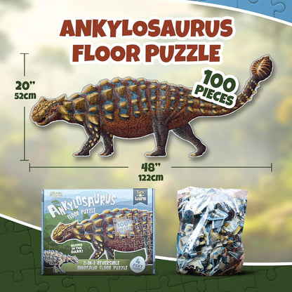 Tyrannosaurus Rex Dinosaur Jigsaw Puzzle | 100-Piece Double Sided Floor Puzzle with Glow-in-The-Dark Skeleton On Other Side | 4 FT Scientifically Accurate Dino Illustration | Educational Toy for Kids