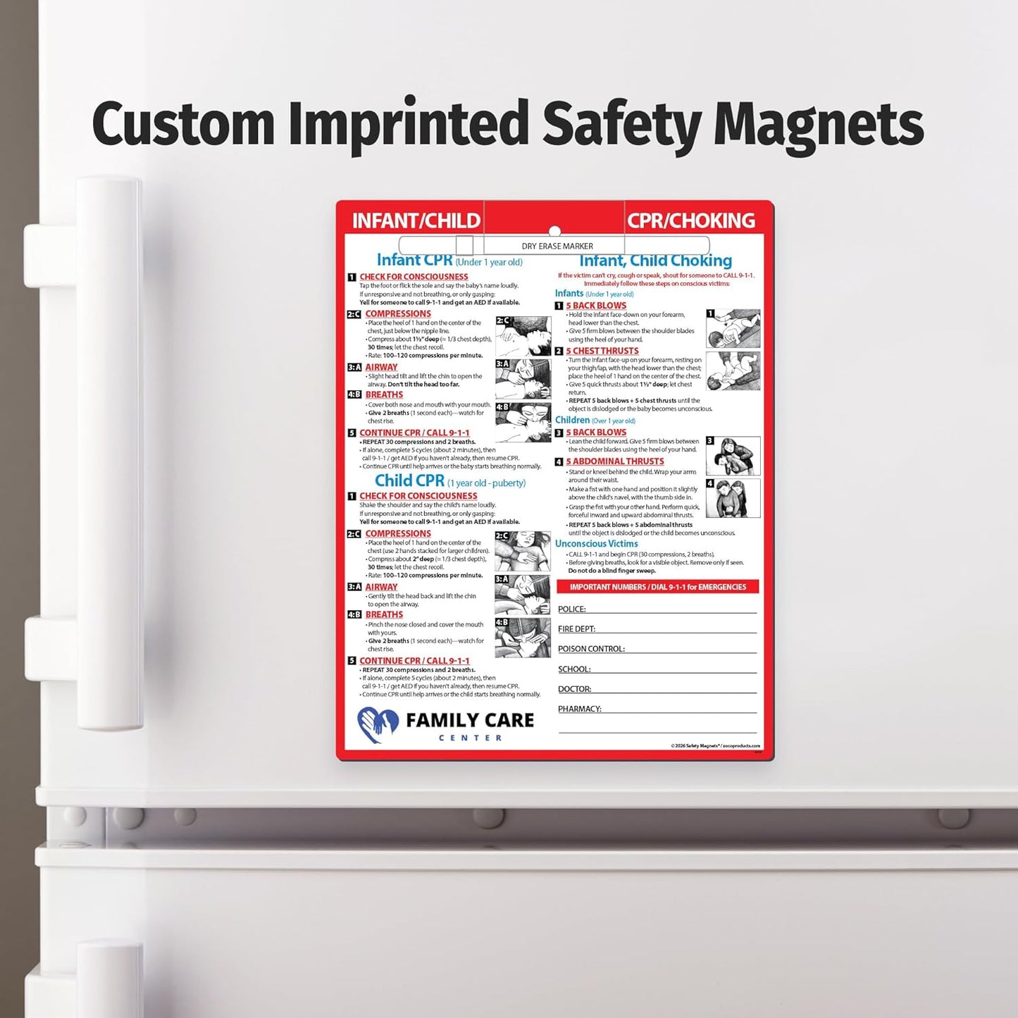 Safety Magnets by ZOCO – Infant and Child CPR & Choking Magnet – Laminated 8.5"x11" Emergency Numbers Fridge Card – First Aid Heimlich Maneuver for Parents, Caregivers, Daycare, Babysitters