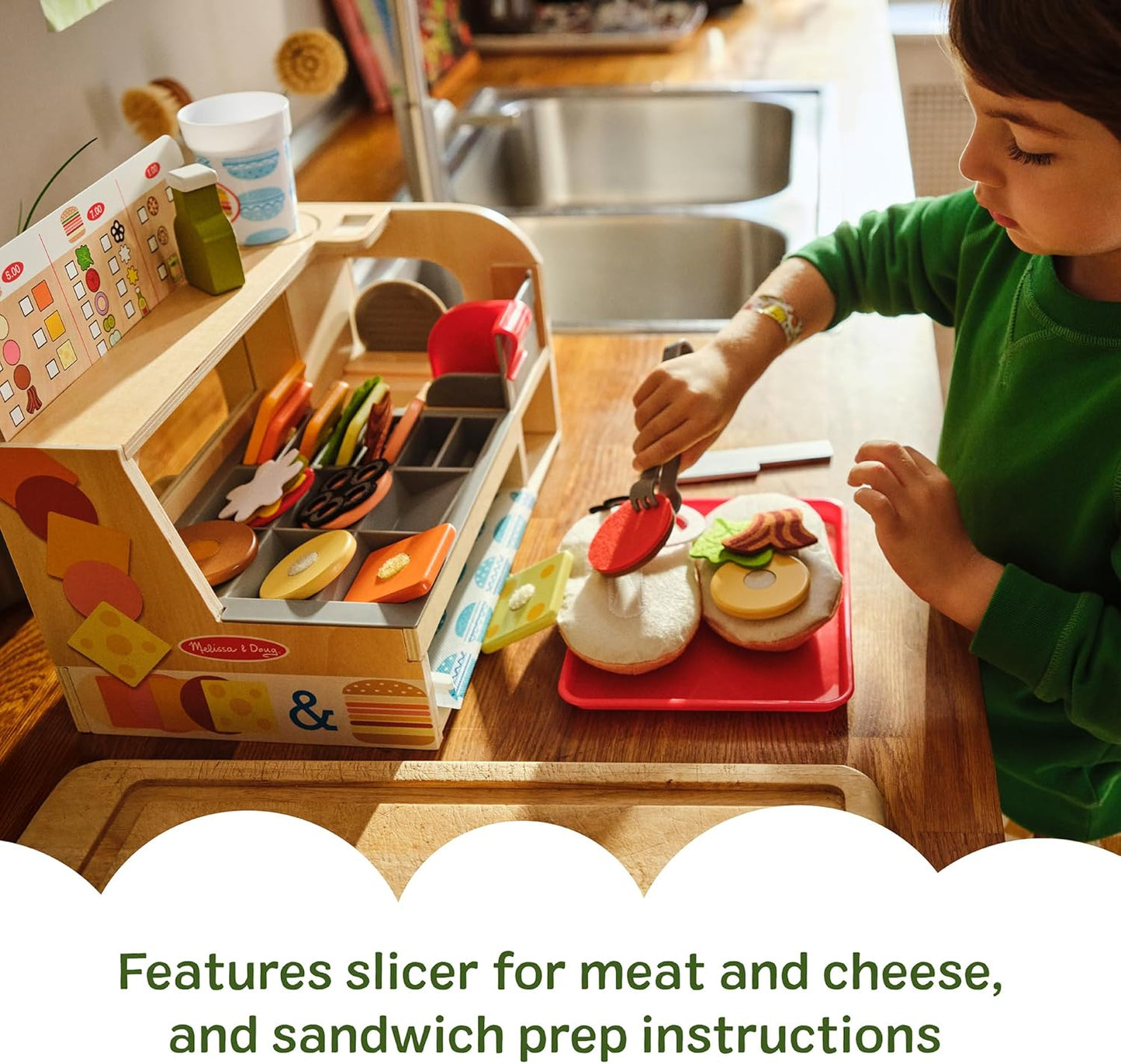 Melissa & Doug Slice-Stack-Serve, Wooden Sandwich Counter Pretend Play Store with Play Food Toys, Play Money & Deli Slicer, Preschool Toys for Kids 3+