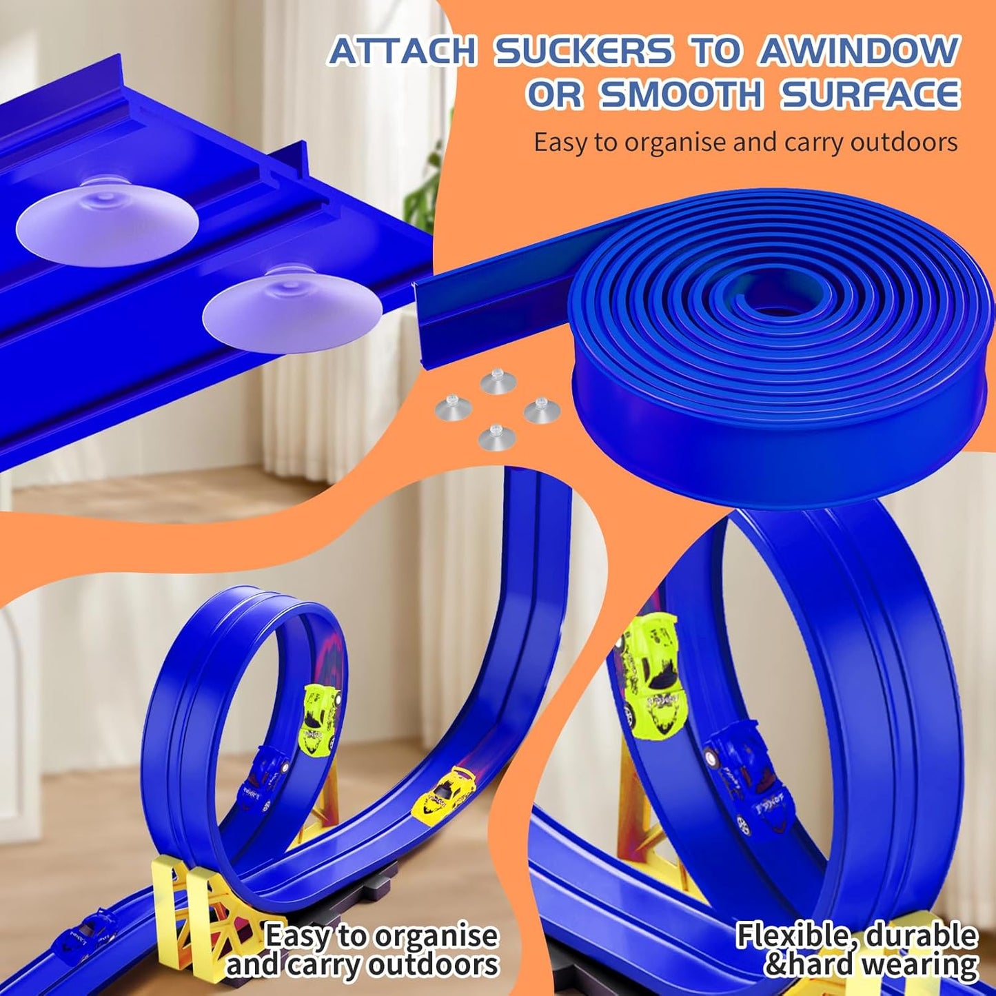16.5ft Build Anywhere Portable Race Track with Suction Cups - Flexible Roll-Up Design Fits 1/64 Scale Cars, Portable Toy Gift for Kids 4+ Year Old (3 Tracks/Red)