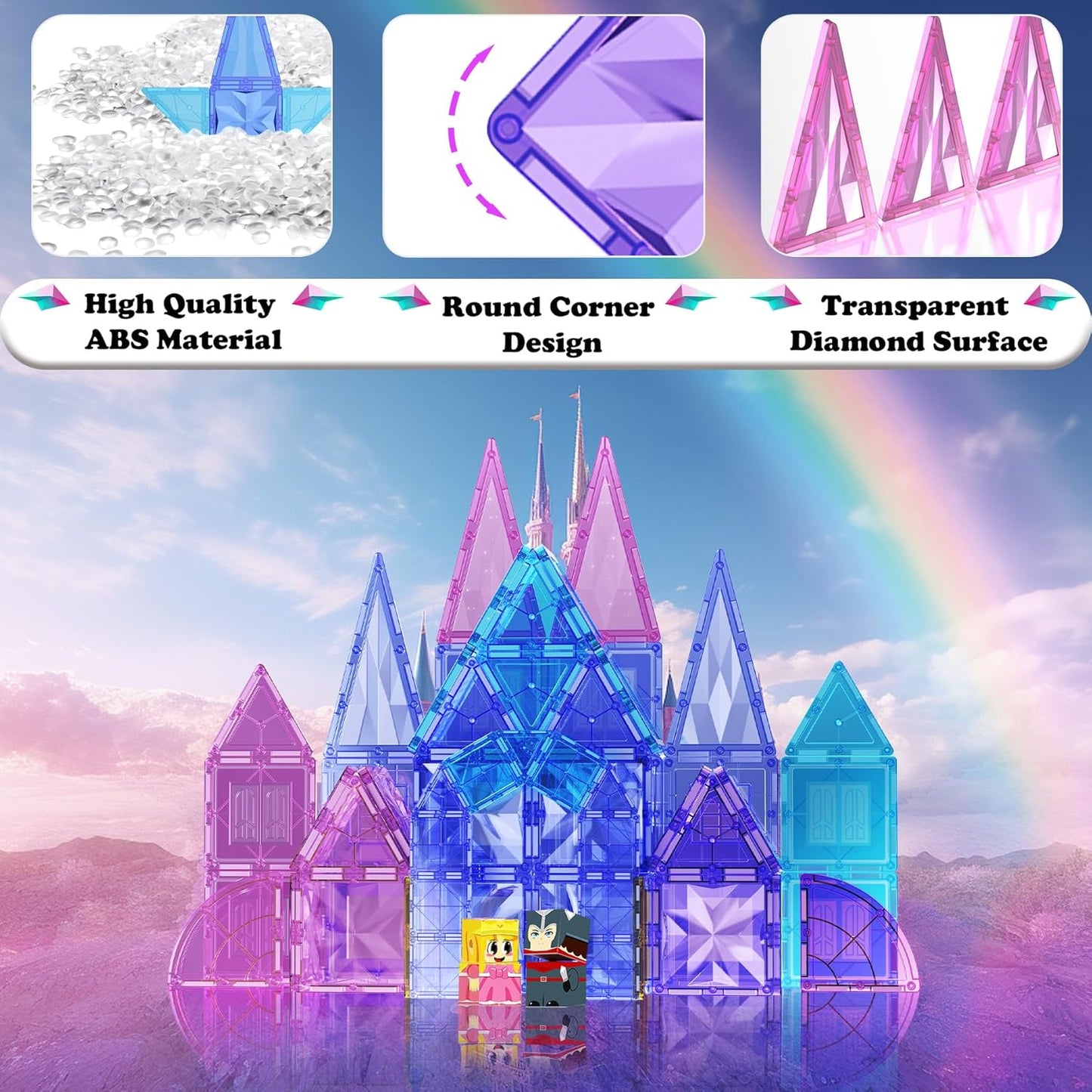 SKTMYY 114pcs Magnetic Tiles for Kids,3D Diamond Princess Ice Castle, Magnetic Tiles Age 3-5 4-8,STEM Educational Toys for Girls Kids Birthday Gift