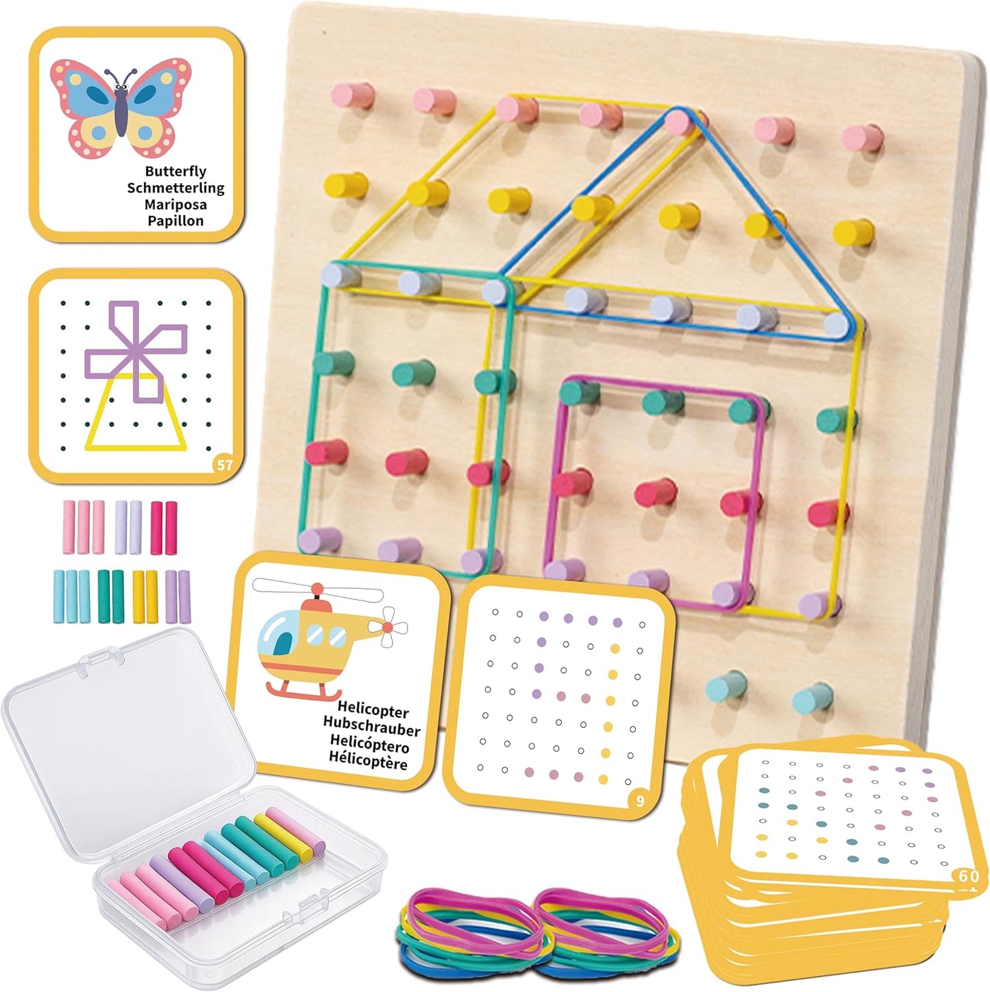 2-in-1 Wooden Peg Board & Geoboard for Kids Ages 5+, Montessori Fine Motor Skills Toy with 49 Wooden Pegs, 60 Activity Cards, Rubber Bands & Storage Box, Shape Building and Pattern Matching Game