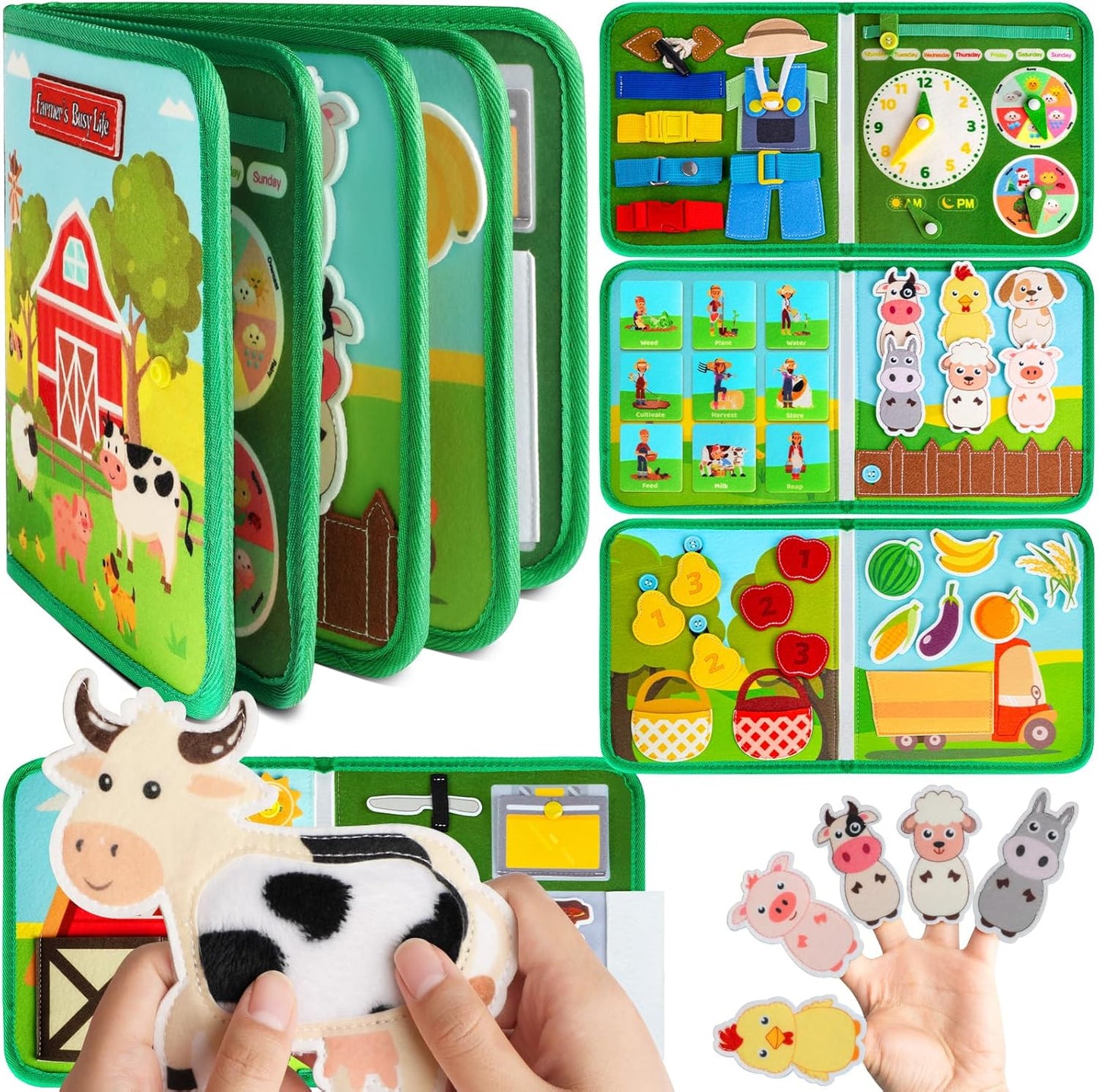 Quanquer Montessori Busy Book for Toddlers 1-3 - Farm Animal Sensory Busy Board for 1 Year Old Boys and Girls, Educational Travel Toy for Airplane Car Activities, Birthday Christmas Toddler Gifts