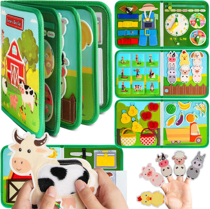 Quanquer Montessori Busy Book for Toddlers 1-3 - Farm Animal Sensory Busy Board for 1 Year Old Boys and Girls, Educational Travel Toy for Airplane Car Activities, Birthday Christmas Toddler Gifts