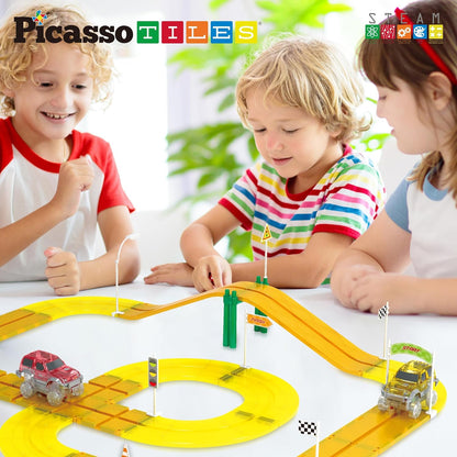 PicassoTiles Magnetic Tiles Race Track Car Thrilling Toy Playset Includes 2 Racing Trucks STEM Educational Magnet Tile Building Block Construction Set for Toddlers Boys Girls Ages 3 and Older PTR30