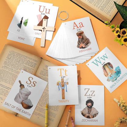 Skyygemm 26 Pcs Bible ABC Flash Cards Christian Bible Verse Alphabet Cards KJV Version Religious Scripture Memory with Stainless Steel Ring for Preschool Sunday School Toys Basket Suffers