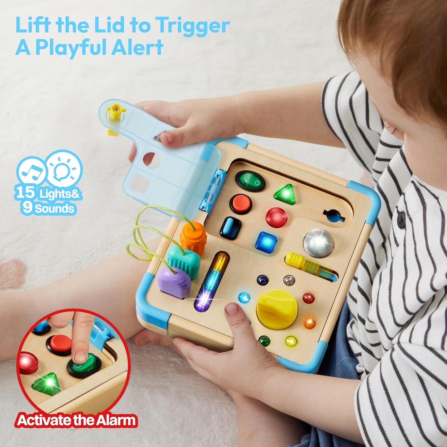 lalalark JOVA Electronic Busy Board – Montessori Learning Toddler Toy with 15 LED Light & 9 Sounds, 5 Switches & Plugs, Travel Toys Sensory Activity Board for 1 2 3 Years Old Boy & Girl Birthday Gift