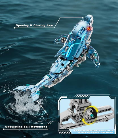 Moving Mechanical Dolphin Building Set - Hand Crank Model Kit with Swimming Tail, Movable Jaw & Glowing Lights | STEM Educational Toy & Unique Desk Decor for Ages 8+, Adults, Blue