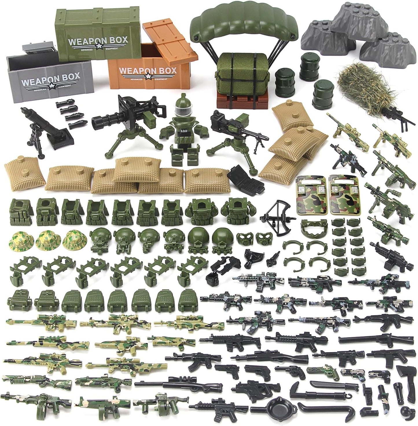 Feleph Military Weapons Pack Accessories for Army Men Figures 200+ PCS Modern Camouflage Soldier Toy Kit Building Blocks Set Combat Suit WW2 Model SWAT Gear Piece Gife for Kids