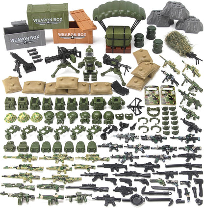 Feleph Military Weapons Pack Accessories for Army Men Figures 200+ PCS Modern Camouflage Soldier Toy Kit Building Blocks Set Combat Suit WW2 Model SWAT Gear Piece Gife for Kids