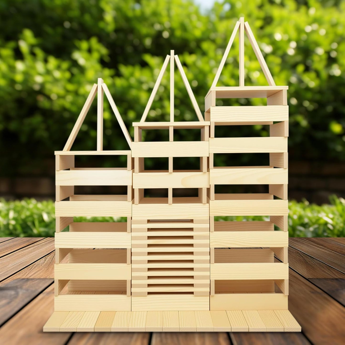 Premium 300 Pcs Natural Wooden Building Blocks for Kids Ages 3-12,Pine STEM Construction Toy - Open-Ended Classic Building Blocks Set for Castles, Bridges & Towers, Educational Learning Gift (4.7 in)