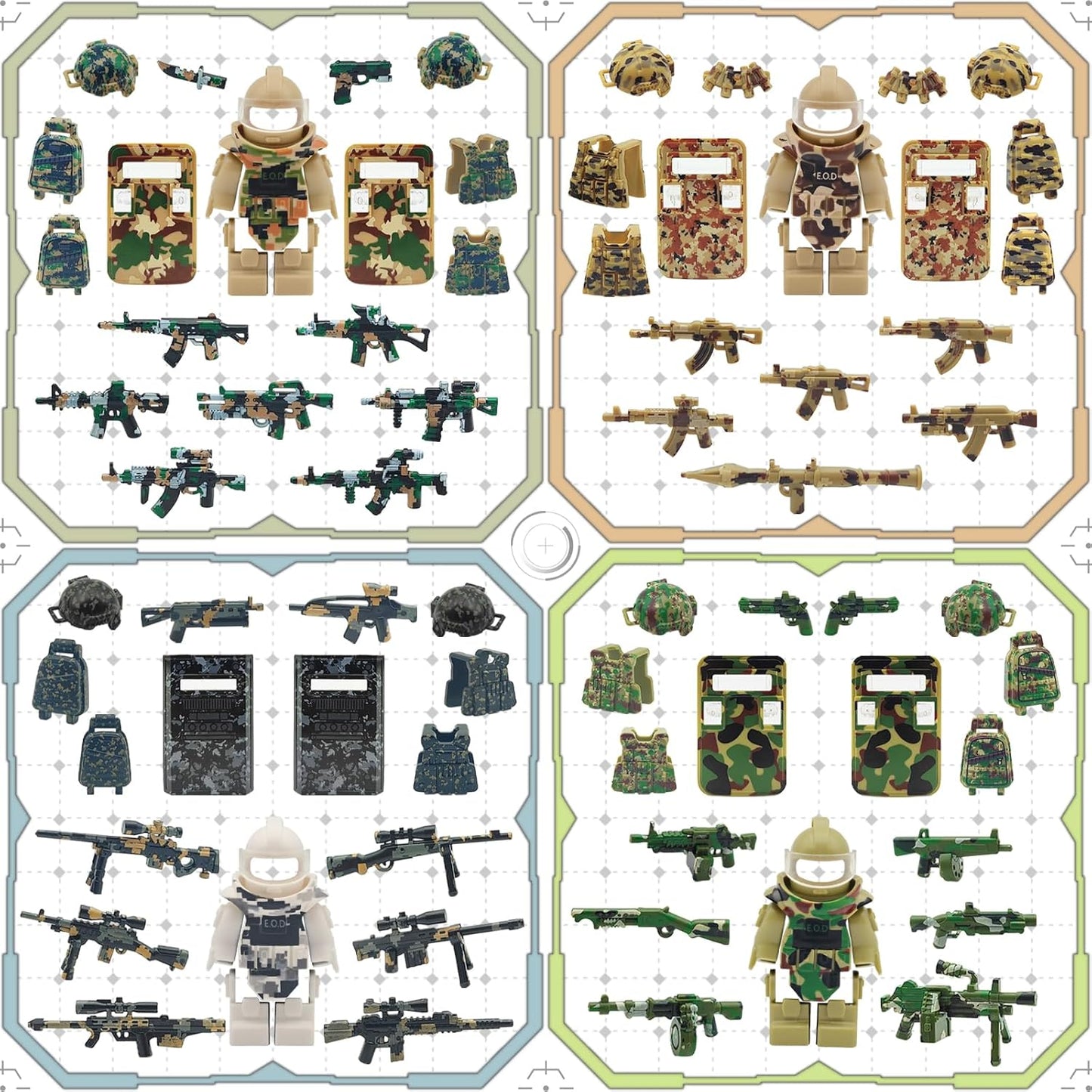 Military Minifigure Camouflage Accessories Set with Weapon Boxes, Army Weapons Guns Helmets E.O.D Suits Shields Tactical Gear Building Blocks Soldiers Kit for Kids Compatible with Major Brands