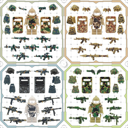 Military Minifigure Camouflage Accessories Set with Weapon Boxes, Army Weapons Guns Helmets E.O.D Suits Shields Tactical Gear Building Blocks Soldiers Kit for Kids Compatible with Major Brands