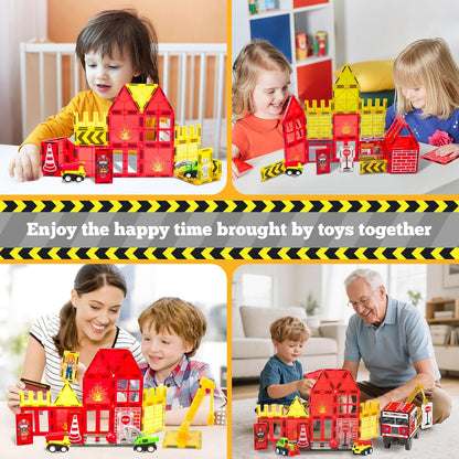 SKTMYY Magnetic Tiles Construction Toys with Road & Crane & Marble Run, Double-Sided Fire Station & Building Magnet Tiles for Kids Ages 4-8, STEM Magnetic Blocks Gifts for 3 4 5 6 7 8 Year Old Boys