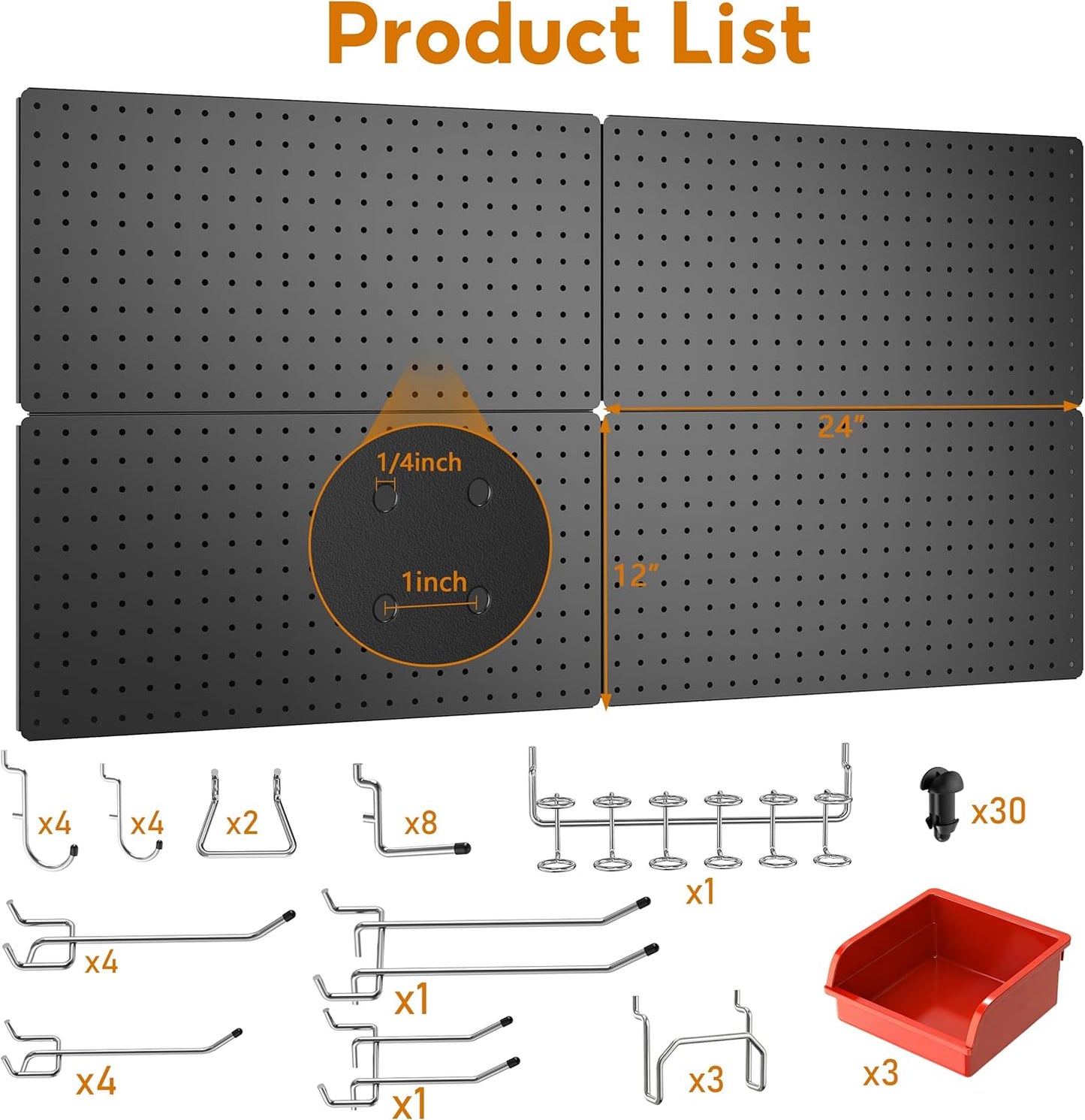 Peg Board, 112PCS Heavy Duty Metal Pegboard with Hooks, 6 Pack Black Peg Board Panels, 60lbs Load Capacity Each, Pegboard Wall Organizer for Garage, Workshop, Kitchen, Craft Rooms