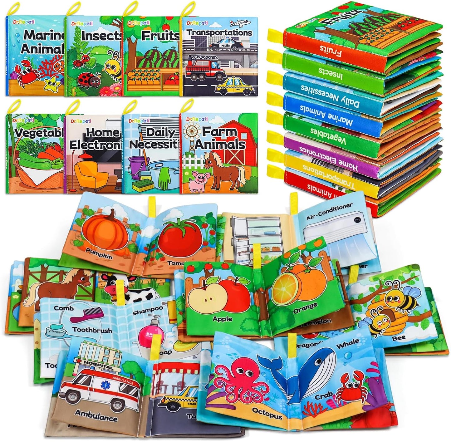 Dr.Rapeti 8-Pack Soft Cloth Books Baby Bath Books Crinkle Washable Chewable Early Educational Preschool Learning Giftable for Infant Toddler Kid