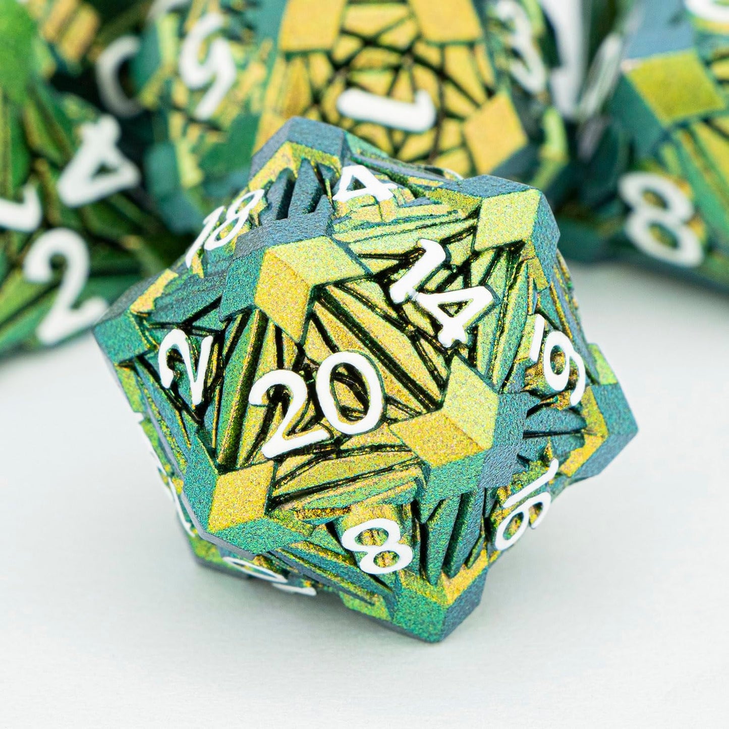 7PCS Metal DND Dice Set with Box, Debris RPG Blue White D and D Dice for D&D Tabletop Games Role Playing Game Polyhedral Dice Set D20 D12 D10 D8 D6 D4