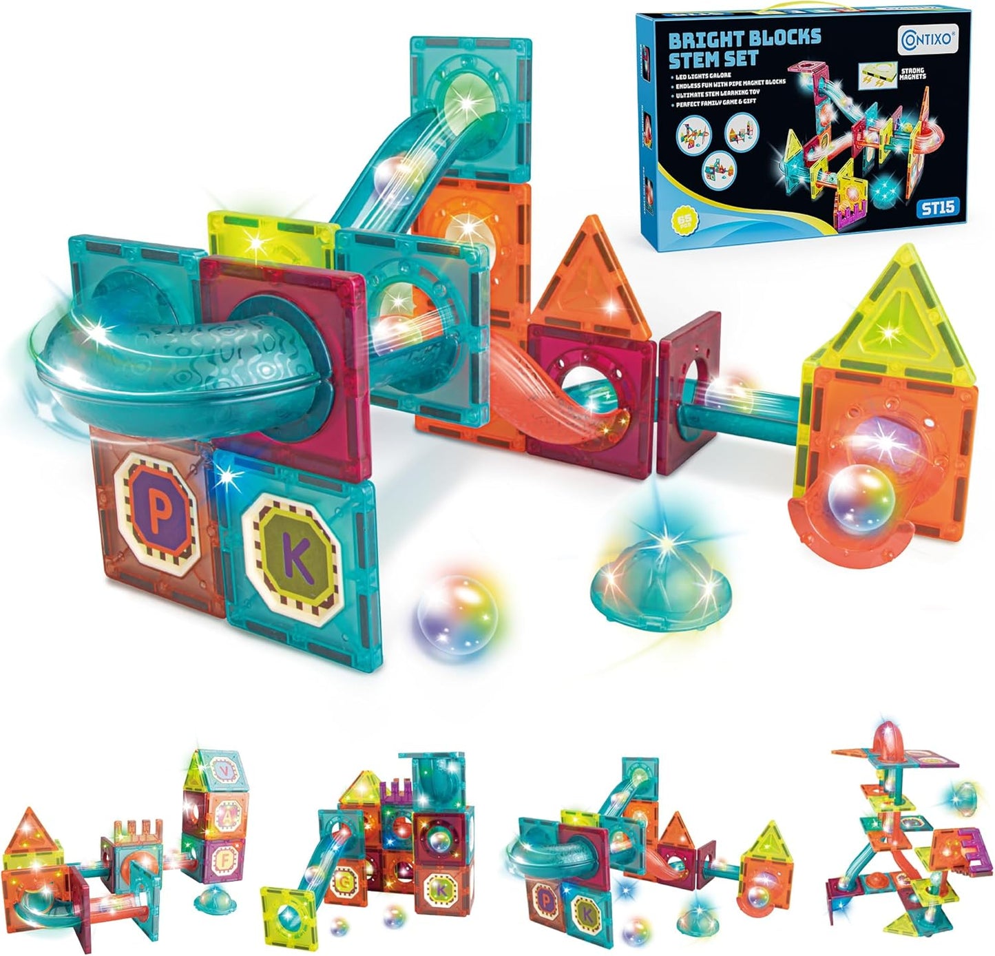 Contixo STEM Building Toys - 110 pcs Marble 3D Magnetic Run Tiles Learning Stacking Educational Building Blocks Set, Creativity Beyond Imagination, Inspirational, Recreational Toy for Kids