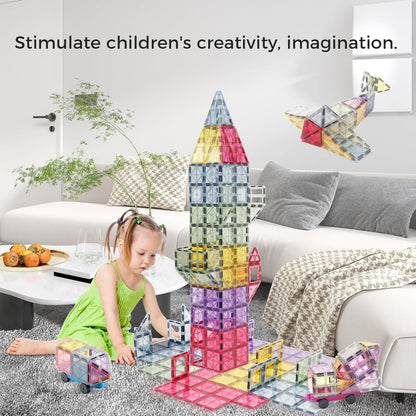 Magnetic Tiles, 96PCS Magnetic Block Toddler Toys with 2 Cars, 3D Clear Magnet Building Tiles Set, STEM Educational Toys for Kids 3-9 Years