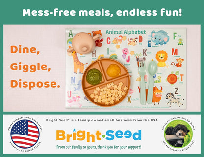Bright Seed Disposable Placemats for Baby, Toddlers and Kids, Animals ABC & Numbers, 40 Disposable Baby mats for Restaurant, Dining Table & Travel, Learning Placemats for Kids, Toddler Travel