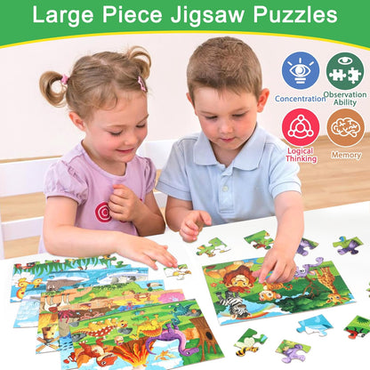 LELEMON 100 Pieces Jigsaw Puzzles in a Metal Box for Kids Age for 4-8 Boys Girls Toy Puzzles Construction Site Vehicles Children Learning Educational Puzzles Toys