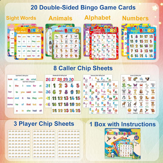 Fancy Land Alphabet Bingo Game Kids Sight Word Bingo Set Number Letter Animal Board Game for Kindergarten Preschool Counting and Matching Skills Development Family Night Classic Educational Supplies