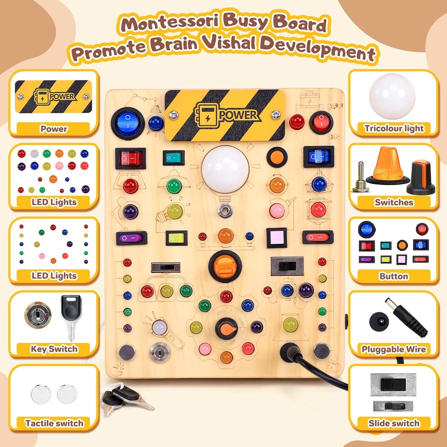 Busy Board with LED Light Switches, Montessori Toys for 1 2 3 Years Old, Toddlers Wooden Toy Sensory Activity Board, Travel Toys for 1+ Year Old Boy & Girl Birthday Gift