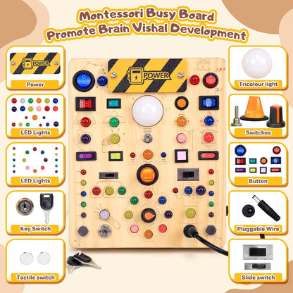 Busy Board with LED Light Switches, Montessori Toys for 1 2 3 Years Old, Toddlers Wooden Toy Sensory Activity Board, Travel Toys for 1+ Year Old Boy & Girl Birthday Gift
