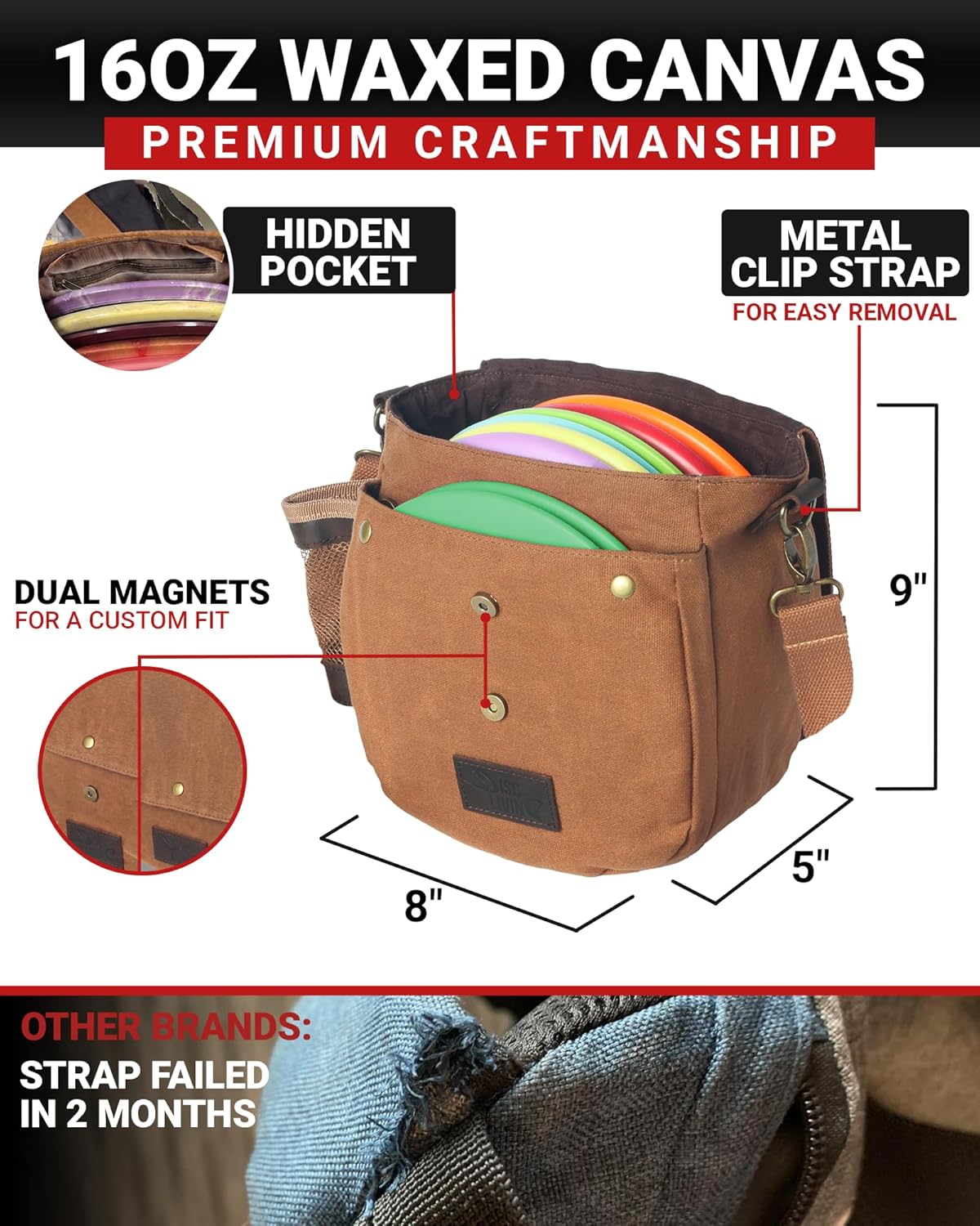 Disc Golf Bag | Frisbee Golf Bag | Easy to Carry | Lightweight Fits Up to 10 Discs | 16 oz Waxed Canvas Sturdy Design | Belt Loop | Double Button Design | Bottle Holder