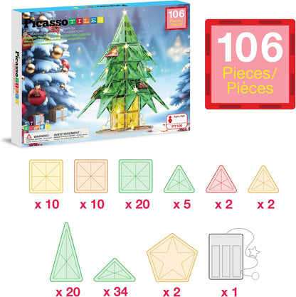 PicassoTiles Magnetic Tile Christmas Holidays Cottage Building Set with Santa Elves Nutcracker 6 Character Figures STEM Educational Construction Toy Winter Magnet Block Gift for Kids Age 3 Plus PTQ08
