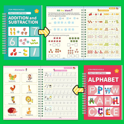 6 Pack Magic Grooved Writing Practice Books for Kids,Reusable Handwriting Practice with Pen,Pencil Grisp,Cute Seal and Learning Schedule ,Pecfect Tracing Copybook for Kindergarten Preschool Age 3-8