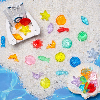 QEQEKAKA 100pcs Ocean Sensory Bin Filler Kit - Plastic Seashells Acrylic Gems for Diving, Vase Filler Decor, Mermaid Pool Treasure Hunt (0.5"-1.3" Fake Beach Shells)