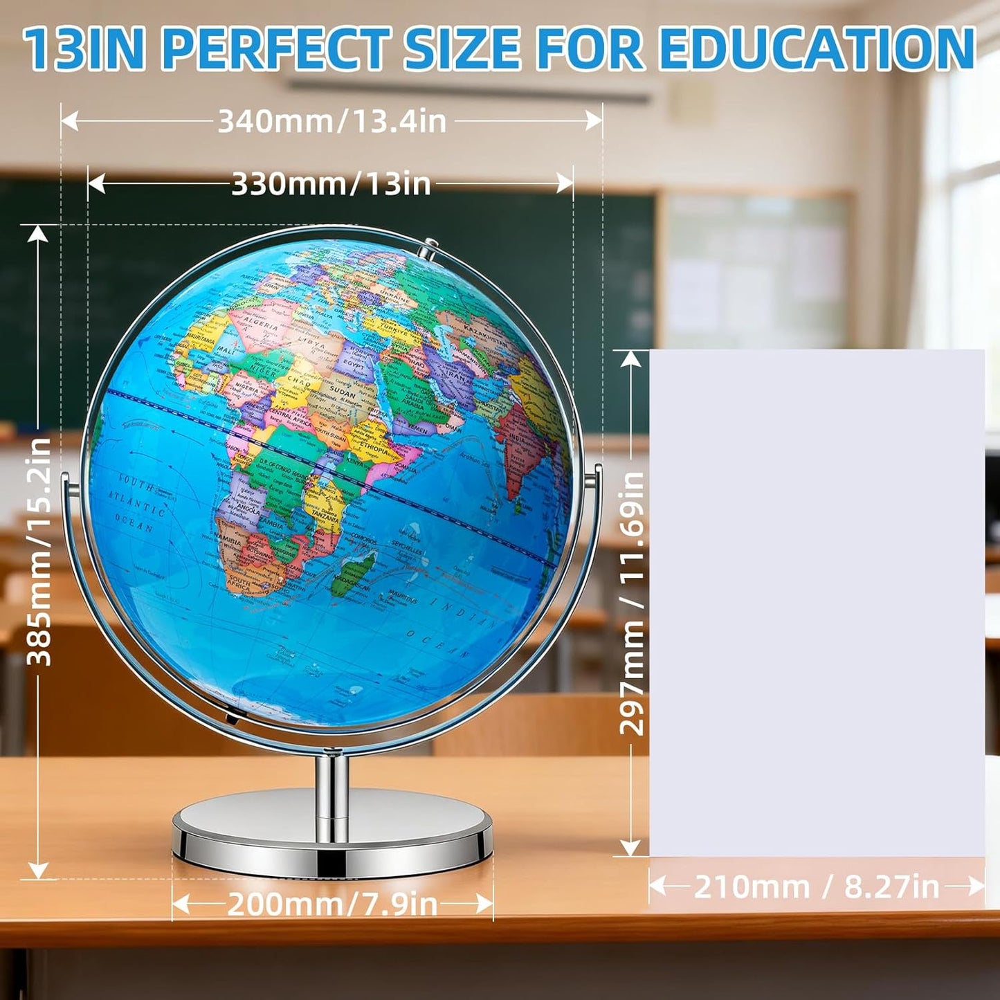 BSHAPPLUS World Globe with Stainless Steel Stand 13 inch, 720 Rotating & HD Waterproof Material, Teaching/Geographic/Decorative Globes with Clear Text for Elementary, Classroom, Home, School, Office