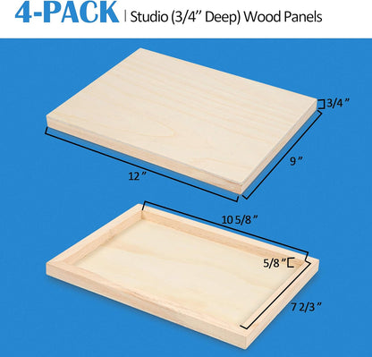 Falling in Art Unfinished Birch Wood Canvas Panels Kit, 4 Pack of 8x10’’ Studio 3/4’’ Deep Cradle Boards for Pouring Art, Crafts, Painting, and More
