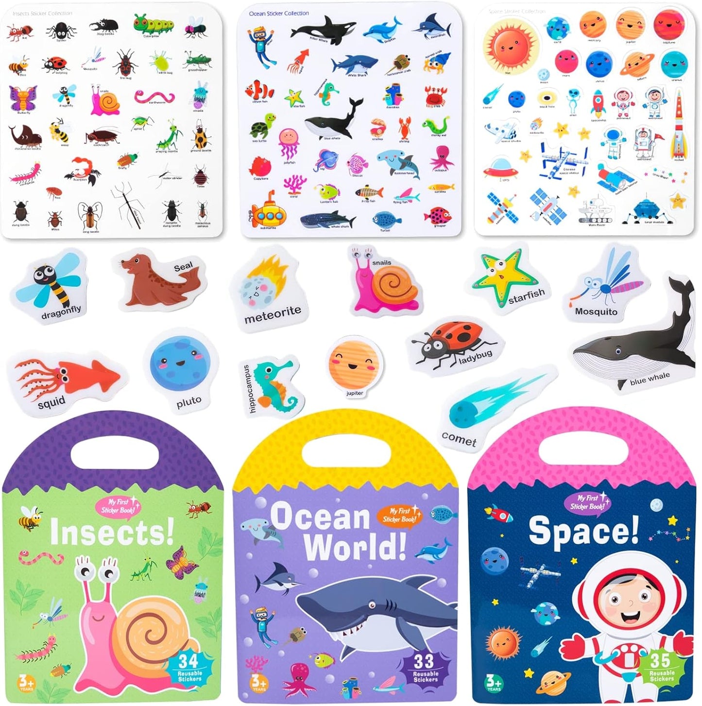 Jelly Reusable Sticker Books for Toddlers 1-3 2-4 Years, Portable Travel Toys Sticker Activity Book for Kids 2 3 4 Year Old Girls Boys (Animals)