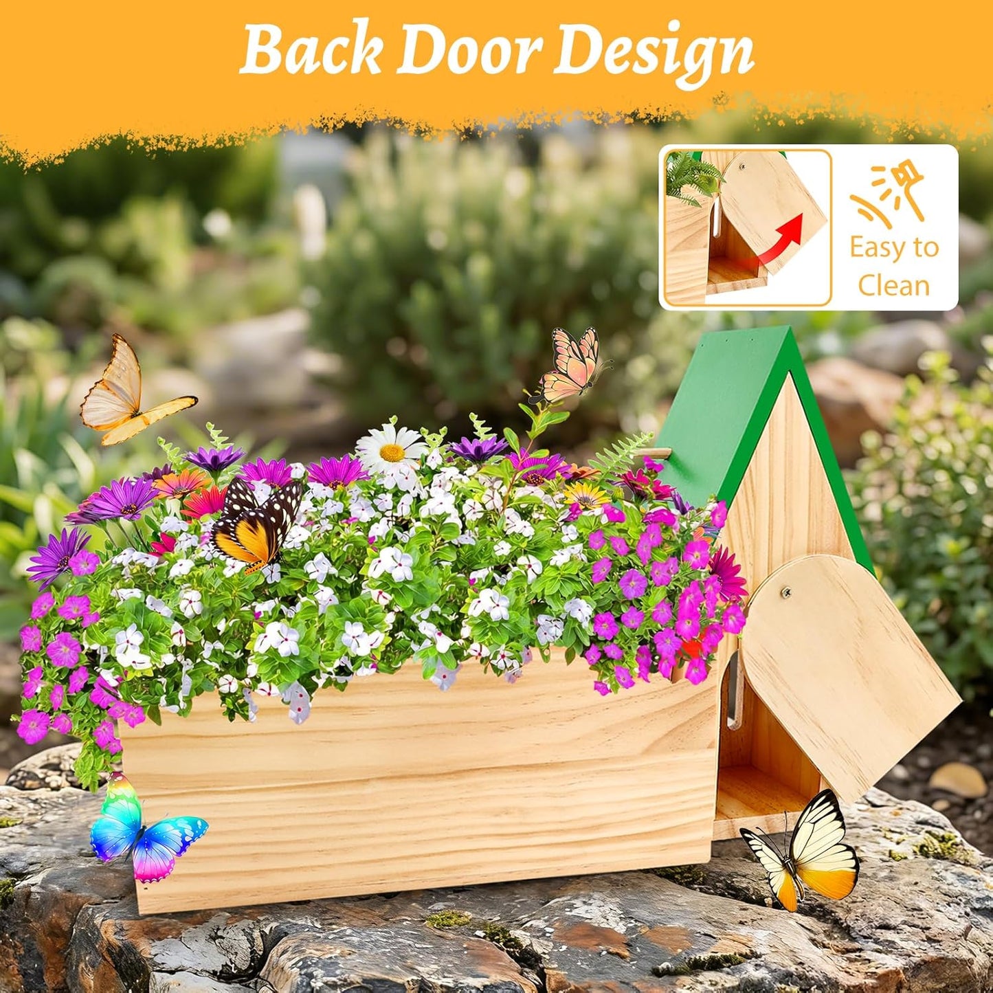 New Butterfly House and Feeder for Outside, Wooden Butterfly House with Metal Stake for Garden, Natural Butterfly Habitat with Butterfly Puddler on The Floor or Hanging on Tree Wall