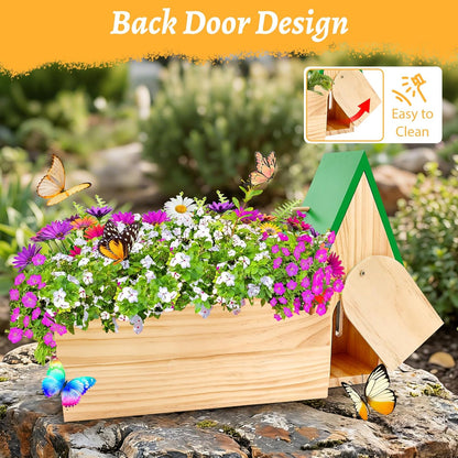 New Butterfly House and Feeder for Outside, Wooden Butterfly House with Metal Stake for Garden, Natural Butterfly Habitat with Butterfly Puddler on The Floor or Hanging on Tree Wall