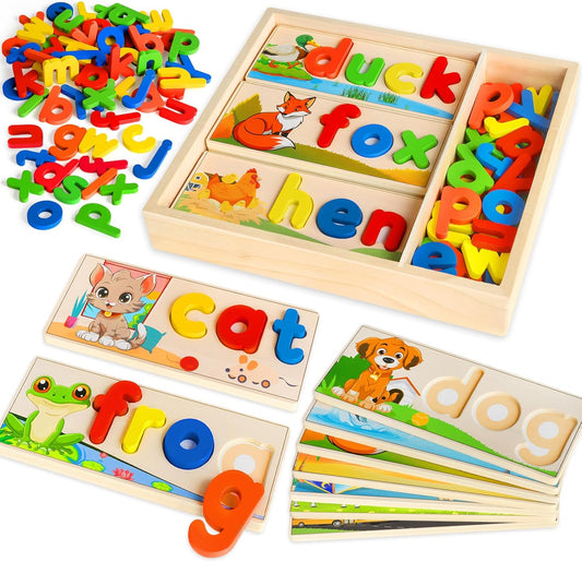 Wooden See & Spell Learning Toys for 2 3 4 5 Year Old Kids, Preschool Learning Activities Alphabet Flash Cards, Educational Match Letter Game Board, CVC Word Builder Montessori Toys Gifts for Boy Girl