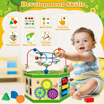 Wooden Activity Cube for 1 Year old, 12-18 Month Boys & Girls, 7-in-1 STEM Montessori Early Developmental Learning Toys for Kids Aged 1-2, Ideal 1st Birthday Gift Toys for Baby, Toddlers (Green)