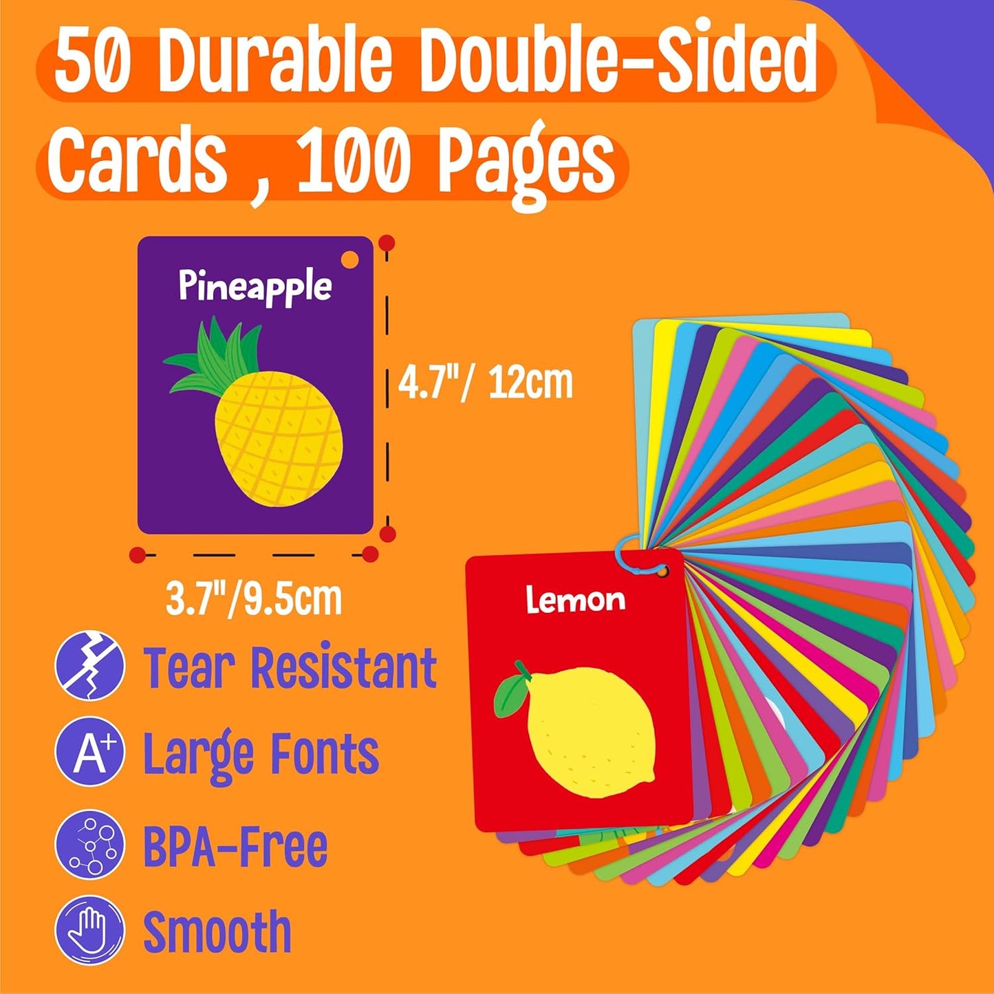 50 PCS Kid First Cognitive Flashcards,Double Sided Printed 7 in 1 Colorful Cards Alphabet,Numbers, Foods,Animals,Shapes,Colors with 3 Reclosable Rings,Learning Tool for Pre-K Kindergarten Toddlers
